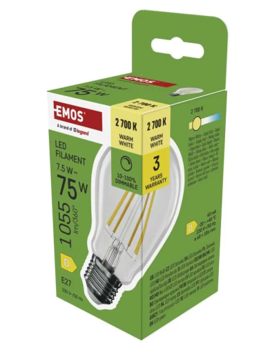 Żarówka LED Filament A60 / E27 / 7,5 W (75 W) / 1 055 lm / ciepła biel / ściemnialna