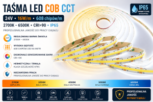 Taśma LED COB CCT Hermetyczna IP65 24V 16W/m 5m 608 LED/m Regulowana Barwa 2700-6500K