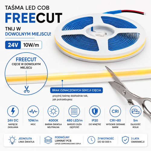 Taśma LED COB FreeCut 24V 10W/m 4000K Neutralna IP20 5m