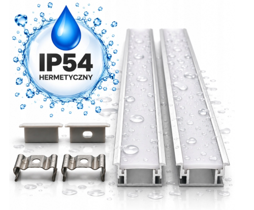 Profil LED wpuszczany 2m IP54 hermetyczny srebrny klosz mleczny + akcesoria