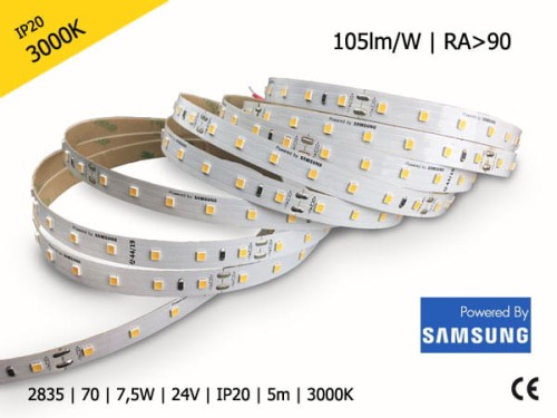 TAŚMA LED 2835 | 7,5W | 24V | IP20 | 70LED/m | CIEPŁA | 3000K | powered by SAMSUNG | RA>90