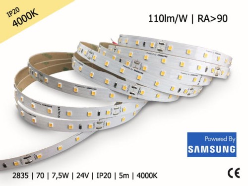 TAŚMA LED 2835 | 7,5W | 24V | IP20 | 70LED/m | NEUTRALNA | 4000K | powered by SAMSUNG | RA>90