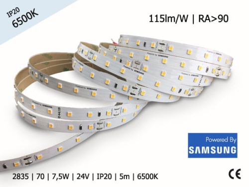 TAŚMA LED 2835 | 7,5W | 24V | IP20 | 70LED/m | ZIMNA | 6500K | powered by SAMSUNG | RA>90