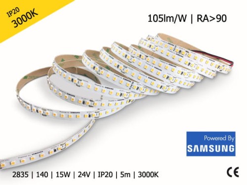 TAŚMA LED 2835 | 15W | 24V | IP20 | 140LED/m | CIEPŁA | 3000K | powered by SAMSUNG | RA>90