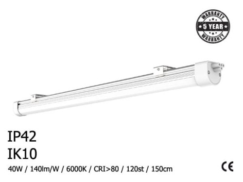 OPRAWA LINIOWA 40W / 140lm/W / 6000K / CRI>80 / 120st / IP42 / IK10 / 150cm