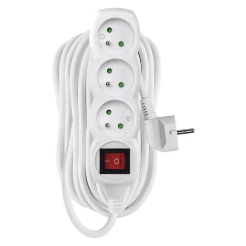 Przedłużacz 10m, 3 gniazda, z wyłącznikiem, biały, PVC, 1 mm2