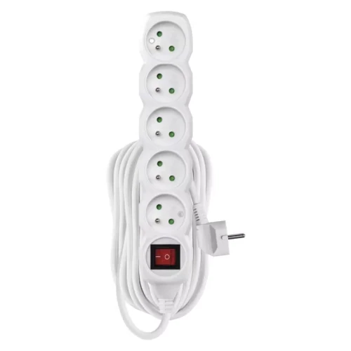 Przedłużacz 10m, 5 gniazd, z wyłącznikiem, biały, PVC, 1 mm2