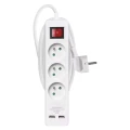 Przedłużacz 2m, 3 gniazda, z wyłącznikiem, biały, PVC, z USB portem, 1,5 mm2