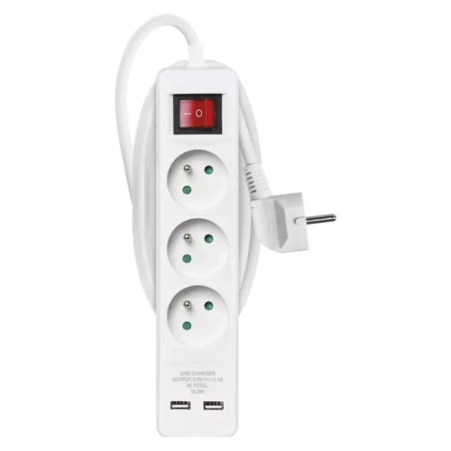 Przedłużacz 2m, 3 gniazda, z wyłącznikiem, biały, PVC, z USB portem, 1,5 mm2