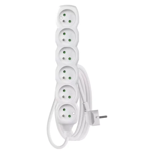 Przedłużacz 2m, 6 gniazd, biały,  PVC, 1 mm2