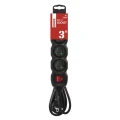 Przedłużacz 3m, 4 gniazda, z wyłącznikiem, czarny, PVC, 1,5 mm2