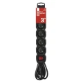 Przedłużacz 3m, 5 gniazd, z wyłącznikiem, czarny, PVC, 1,5 mm2