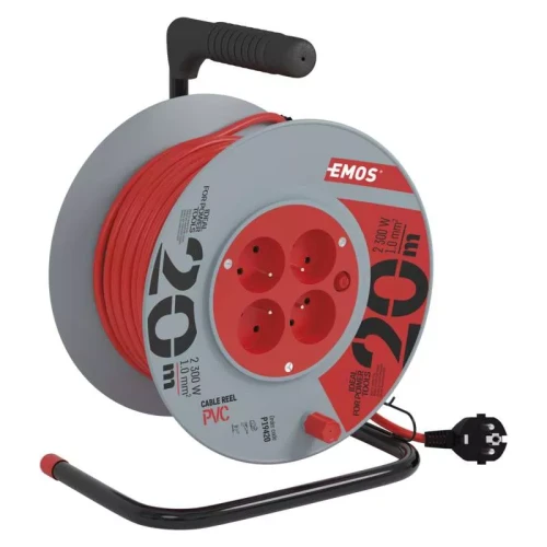 Przedłużacz bębnowy 20m, 4 gniazda, czerwony, PVC, 230V, 1 mm2
