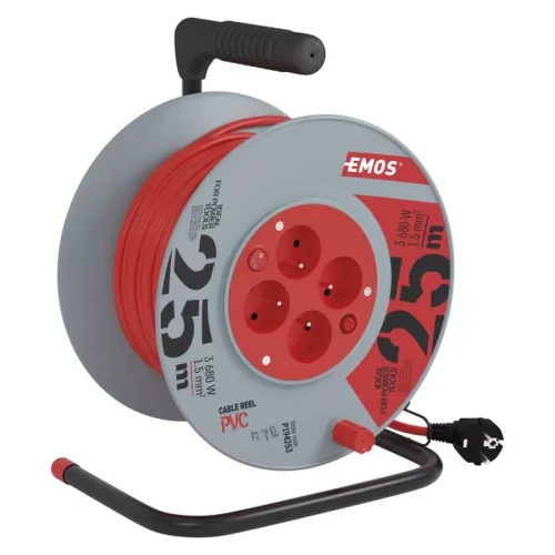 Przedłużacz bębnowy 25m, 4 gniazda, z wyłącznikiem, czerwony, PVC, 230V, 1,5 mm2