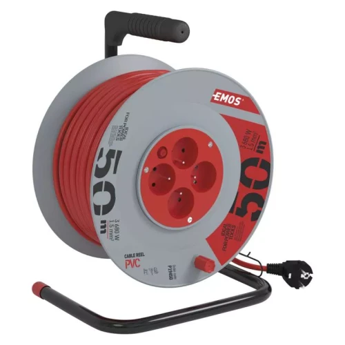 Przedłużacz bębnowy 50m, 4 gniazda, czerwony, PVC, 230V, 1,5 mm2