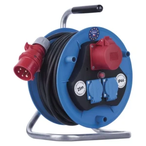 Przedłużacz bębnowy ogrodowy 25m, 3 gniazda, czarny, guma, 230V/400V, 1,5 mm2