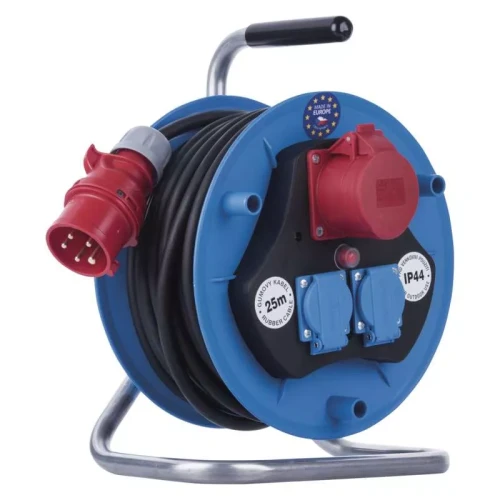 Przedłużacz bębnowy ogrodowy 25m, 3 gniazda, czarny, guma, 230V/400V, 1,5 mm2