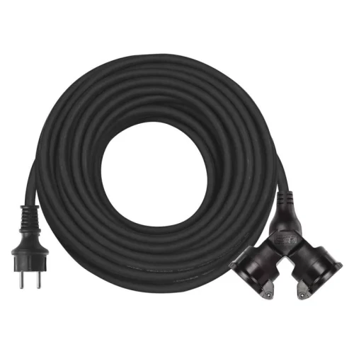 Przedłużacz ogrodowy 20m, 2 gniazda, czarny, guma, 230V, 1,5 mm2