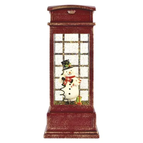 Dekoracje - 1 LED budka telefoniczna z bałwankiem 10x25 cm, 3x AA ciepła biel, IP20, timer