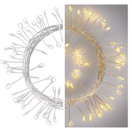 Dekoracje - 100LED small nano łezki, jeżyk, 2,4m 3xAA ciepła biel, sreb przew, IP20, timer