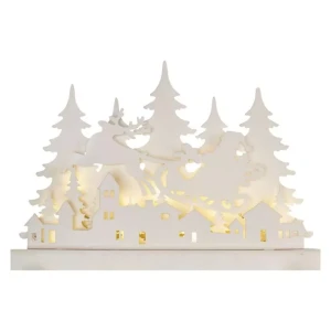 Dekoracje - 12 LED drewniana świąteczna wioska, 42x31 cm, 2x AA, ciepła biel, IP20, timer