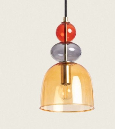 Lampa Wisząca z Metalu i Szkła Baudelaire E14 pojedyncza bursztynowa