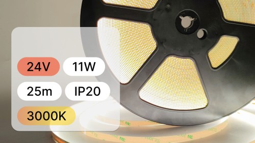 25mb / TAŚMA LED 24V / COB / 11W / 480LED / IP20 / 3000K / 95lm/W / Ra 90 / 8mm