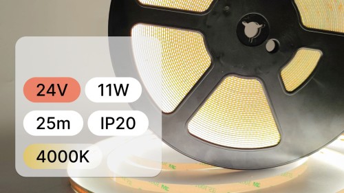 25mb / TAŚMA LED 24V / COB / 11W / 480LED / IP20 / 4000K / 100lm/W / Ra 90 / 8mm