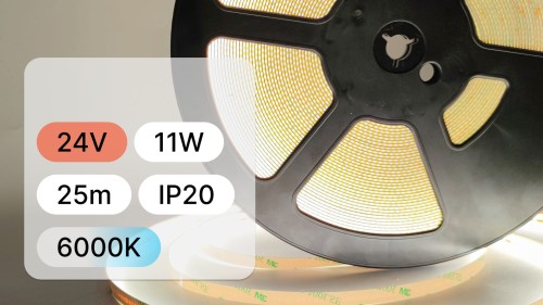 25mb / TAŚMA LED 24V / COB / 11W / 480LED / IP20 / 6000K / 100lm/W / Ra 90 / 8mm