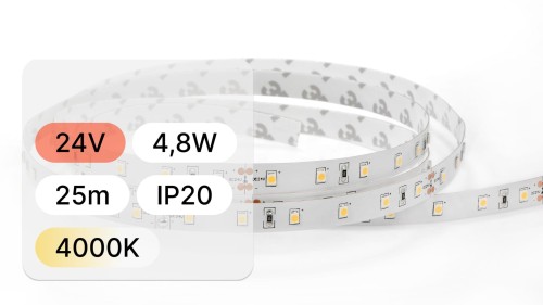 25mb / TAŚMA LED 24V / SMD / 4,8W / 60LED / IP20 / 4000K / 104lm/W / 8mm