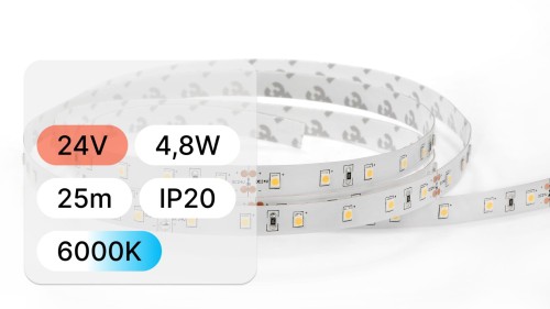 25mb / TAŚMA LED 24V / SMD / 4,8W / 60LED / IP20 / 6000K / 104lm/W / 8mm