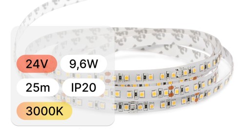 25mb / TAŚMA LED 24V / SMD / 9,6W / 120LED / IP20 / 3000K / 108lm/W / 8mm