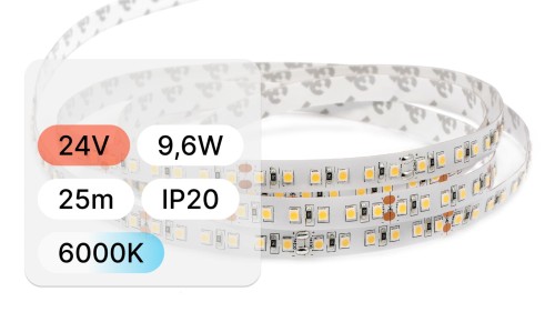 25mb / TAŚMA LED 24V / SMD / 9,6W / 120LED / IP20 / 6000K / 108lm/W / 8mm
