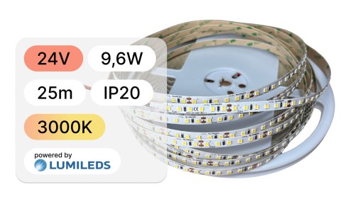25mb / TAŚMA LED 2835 / 9,6W / 24V / IP20 / 120LED/m / 3000K / LUMILEDS / RA 90 / 8mm