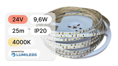 25mb / TAŚMA LED 2835 / 9,6W / 24V / IP20 / 120LED/m / 4000K / LUMILEDS / RA 90 / 8mm
