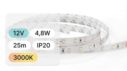 25mb / TAŚMA LED 12V / SMD / 4,8W / 60LED / IP20 / 3000K / 104lm/W / 8mm