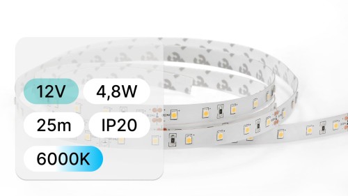 25mb / TAŚMA LED 12V / SMD / 4,8W / 60LED / IP20 / 6000K / 104lm/W / 8mm