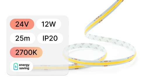 25mb / TAŚMA LED 24V / COB / 12W / 480LED / IP20 / 2700K / 120lm/W / 10mm PCB