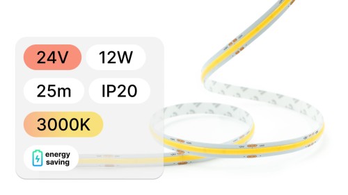 25mb / TAŚMA LED 24V / COB / 12W / 480LED / IP20 / 3000K / 130lm/W / 10mm PCB