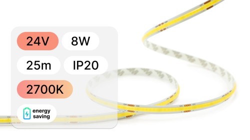 25mb / TAŚMA LED 24V / COB / 8W / 320LED / IP20 / 2700K / 120lm/W / 8mm PCB