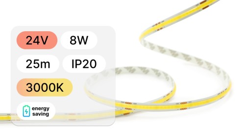 25mb / TAŚMA LED 24V / COB / 8W / 320LED / IP20 / 3000K / 130lm/W / 8mm PCB
