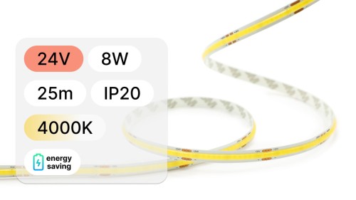 25mb / TAŚMA LED 24V / COB / 8W / 320LED / IP20 / 4000K / 135lm/W / 8mm PCB