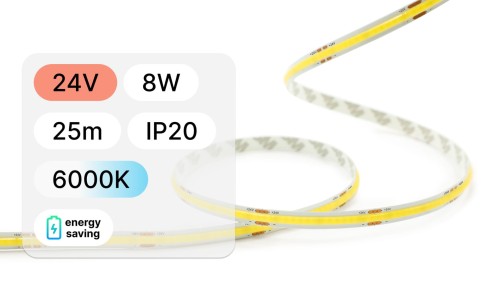 25mb / TAŚMA LED 24V / COB / 8W / 320LED / IP20 / 6000K / 140lm/W / 8mm PCB