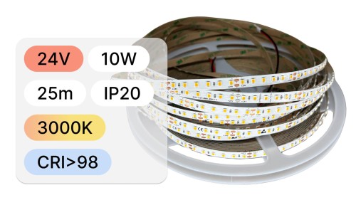 25mb / TAŚMA LED 2835 / 10W / 24V / IP20 / 120LED/m / 100lm/W / 3000K / BRIDGELUX / CRI98