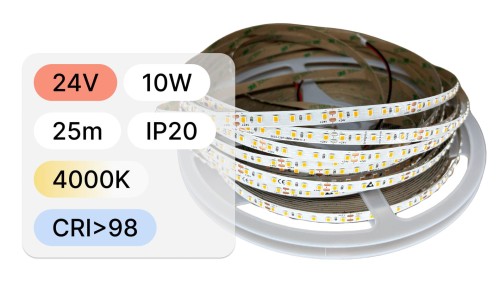 25mb / TAŚMA LED 2835 / 10W / 24V / IP20 / 120LED/m / 100lm/W / 4000K / BRIDGELUX / CRI98