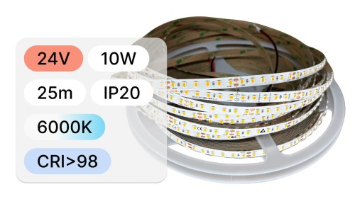25mb / TAŚMA LED 2835 / 10W / 24V / IP20 / 120LED/m / 100lm/W / 6000K / BRIDGELUX / CRI98