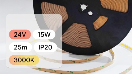 25mb / TAŚMA LED COB 24V / 15W / 480 LED/1m / IP20 / 3000K / 90lm/W / 10mm