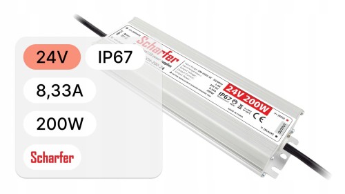 Zasilacz wodoszczelny Scharfer SCH-200-24 / IP67 / 24V / 8,33A / 200W