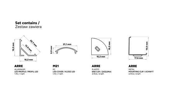 Zestaw TEKKNI ARRE srebrny, klosz mleczny 3 m