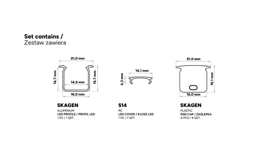 Zestaw TEKKNI SKAGEN srebrny, klosz transparentny 3 m